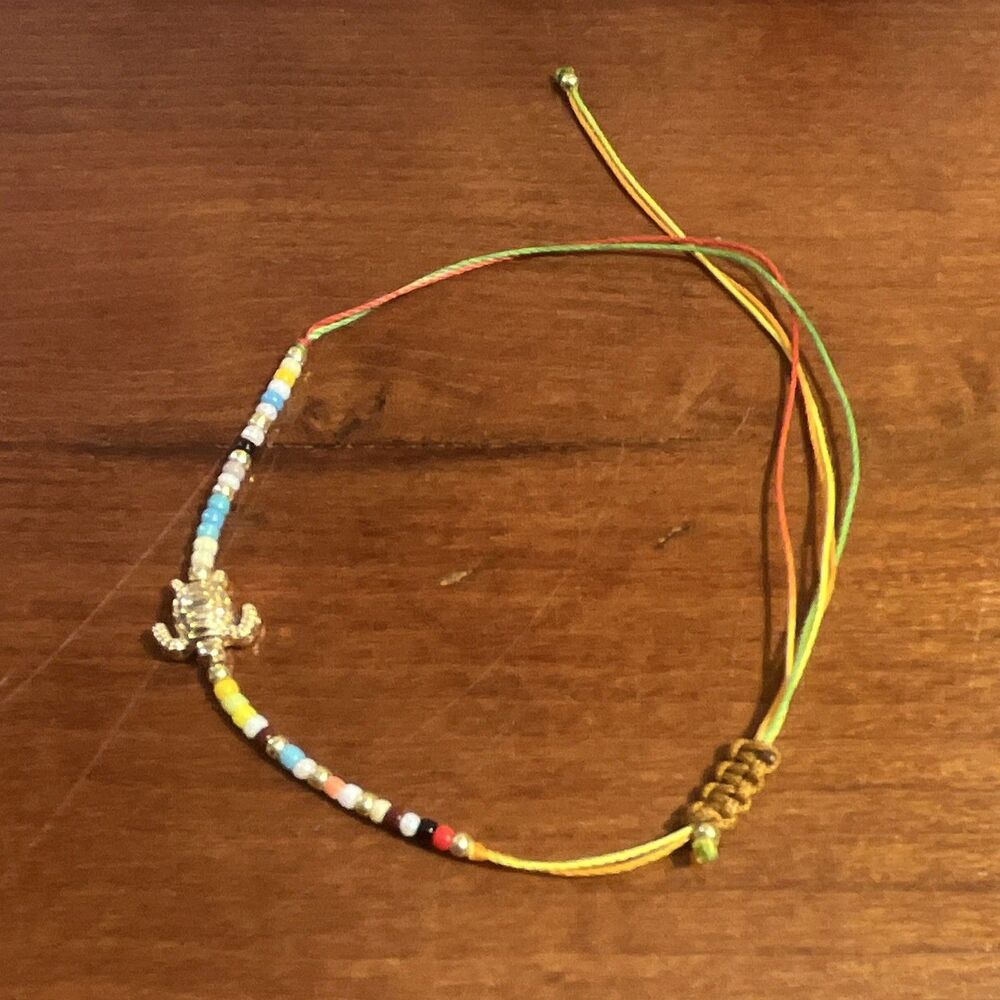 Turtle Multicolor Beaded Cord Bracelet, Adjustable Slip Knot, Rainbow Pride